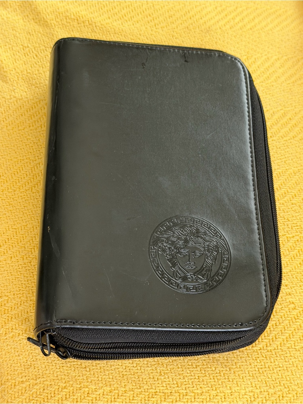 Versace Black Leather Zip-Around Organizer planner with Medusa Emblem